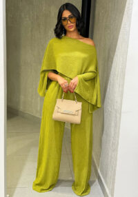 Women's Pleated Slash Shoulder Top and Pants Africa Chic Set