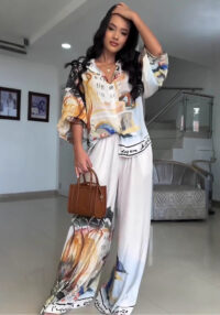 Women's Print Loose Fashion Lantern-Sleeve Blouse & Wide-Leg Pants Set