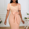 Women's Rose Square Neck Bow Slim Waist Formal Party Bodycon Dress