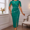 Women's Round Neck Ruffle Sleeve Beaded Slim Waist Slit Bodycon Formal Party Dress