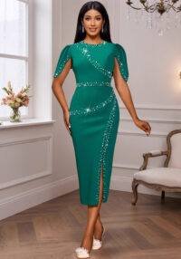 Women's Round Neck Ruffle Sleeve Beaded Slim Waist Slit Bodycon Formal Party Dress