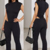 Women's Round Neck Sleeveless Side Cut-Out Black Bodysuit Top & Tight Fitting Pants Two-Piece Set