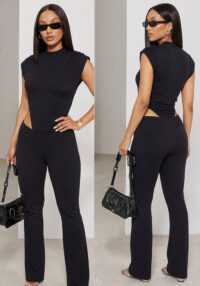 Women's Round Neck Sleeveless Side Cut-Out Black Bodysuit Top & Tight Fitting Pants Two-Piece Set