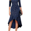 Women's Sequin Cocktail Party Dress Sparkly 3/4 Sleeve uffle High-Low Evening Gown