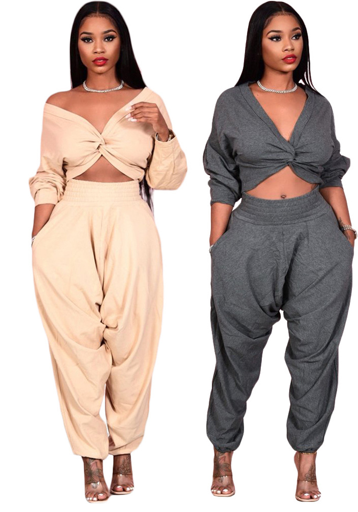 Women's Sexy Crop V-Neck Solid Color Cross Front Top Pants Two-Piece Set