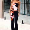Women's Sexy Floral Print Strapless Top with Flared Trousers Two-Piece Set