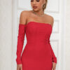 Women's Sexy Low Back Off-Shoulder Long-Sleeve Bridesmaid Dress Fishboned Bodycon Dress