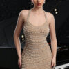 Women's Sexy Mesh Pearl Halter Neck Low Back Bodycon Dress Formal Party Gown