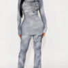 Women's Sexy Tie-Dye Gray Long Sleeve Top Flared Pants Two-Piece Set