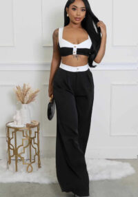 Women's Sleeveless Color-Block High-Waisted Wide-Leg Pants Set