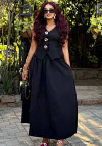 Women's Sleeveless Vest V-Neck Button Top African Chic Elegant Long Skirt Two-Piece Set