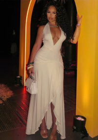 Women's Slim Waist Solid Color V-Neck Irregular Dress