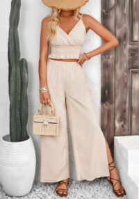 Women's Solid Color Straps Vest Straight Slit Casual Pants Summer Two-Piece Set