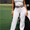 Women's Sporty Casual Shirt-Collar Solid Top & Ribbed Tie-Up Mini Skirt Set