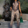 Women's Summer Autumn Mesh Printed Halter Neck Lace-Up Top and Pants Set