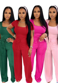 Women's summer Career fashion solid color square neck short sleeve top high waist wide leg Pants Casual Two Piece Set