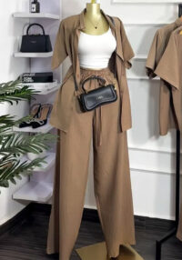 Women's Summer Casual Turndown Collar Loose Short Sleeve Shirt & Wide-Leg Pants Outfit