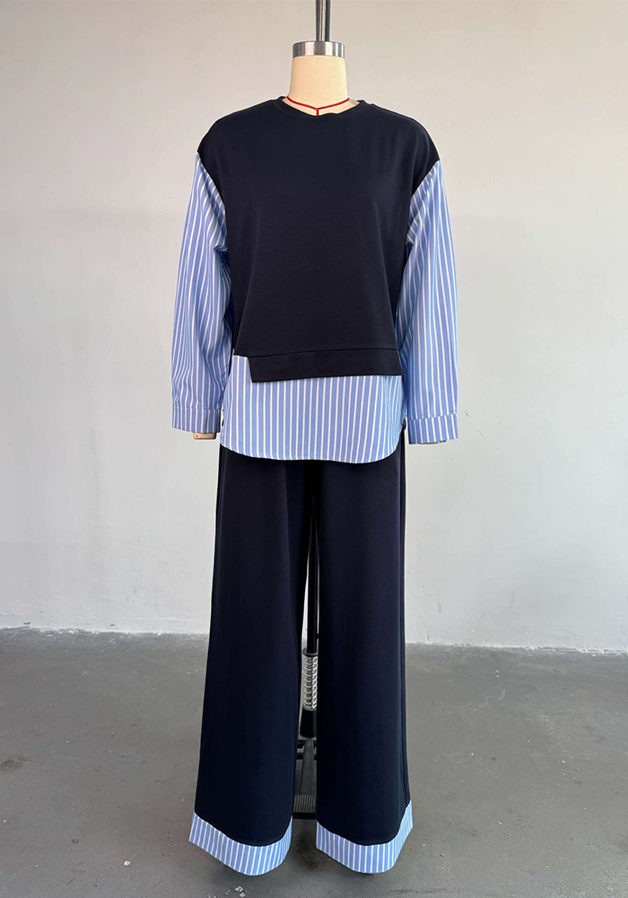 Women's Summer Fashion Round Neck Patchwork Striped Top & High-Waist Pants Casual Set