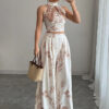 Women's Summer Holidays Chic Print Halter Neck Vest Wide Leg Pants Set