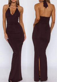 Women's Summer Solid Color Sexy Slit U-Neck Metal Ring Low Back Long Dress