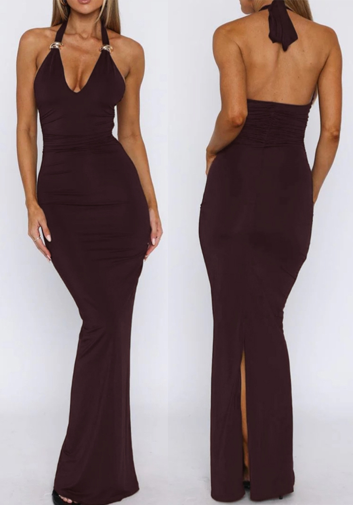 Women's Summer Solid Color Sexy Slit U-Neck Metal Ring Low Back Long Dress