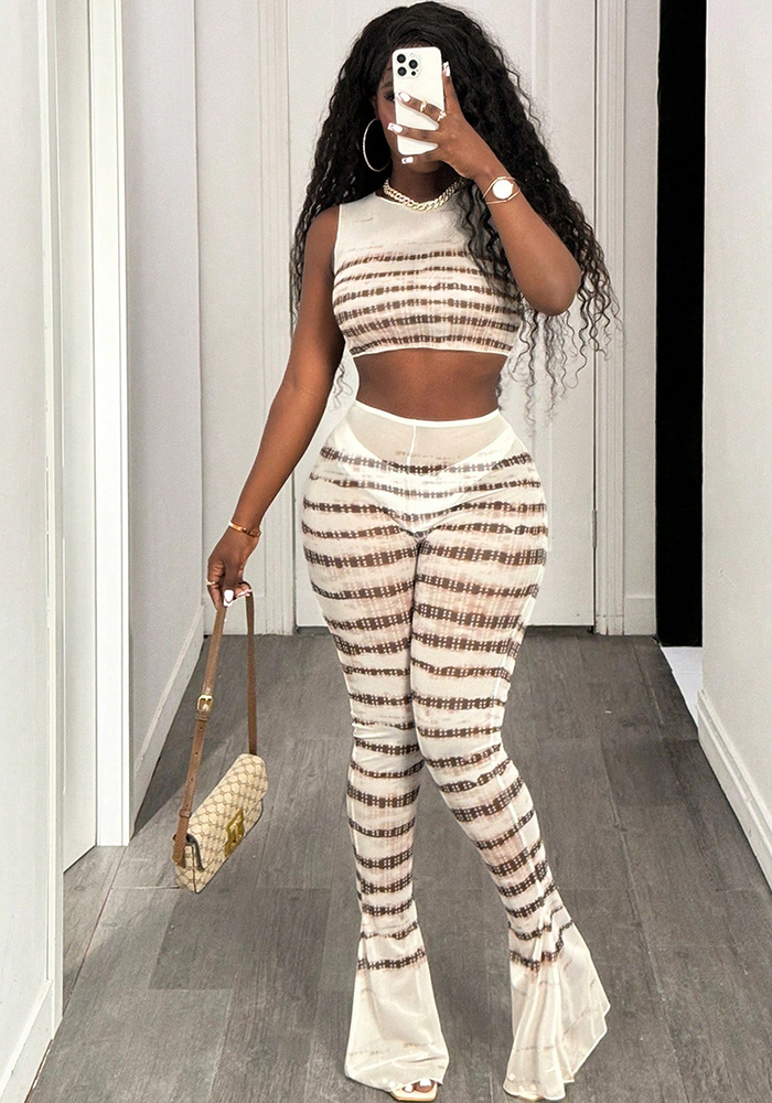 Women's Trendy Sexy See-Through Mesh Print Top & Flared Pants Set