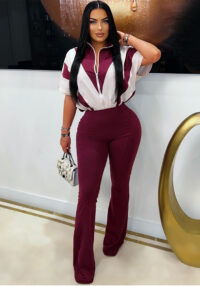 Women's turndown collar zipper patchwork bell bottom Jumpsuit