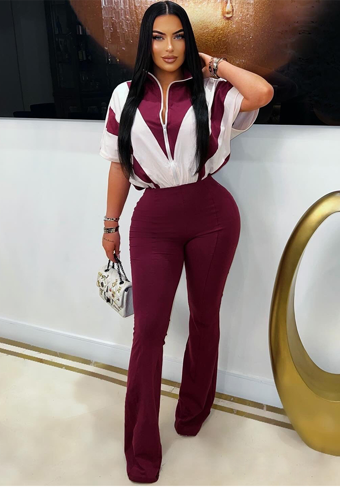 Women's turndown collar zipper patchwork bell bottom Jumpsuit