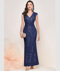 Women's V-Neck Glitter Sequin Pleated Cocktail Dress Bride Gown