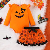 2 Pieces Set Baby Girls Halloween Expression Rompers And Cartoon Skirts Wholesale 25101523