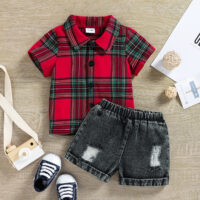 2 Pieces Set Baby Kid Boys Color-blocking Checked Tops And Solid Color Shorts Wholesale 250708107