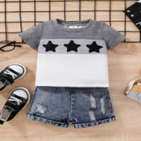 2 Pieces Set Baby Kid Boys Color-blocking T-Shirts And Solid Color Shorts Wholesale 25070883