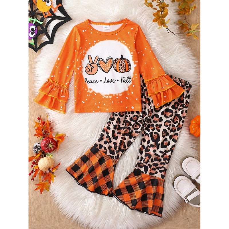 2 Pieces Set Baby Kid Girls Halloween Letters Tops Leopard And Checked Pants Wholesale 25101533