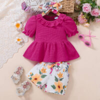 2 Pieces Set Baby Kid Girls Solid Color Print Tops And Flower Shorts Wholesale 25070834