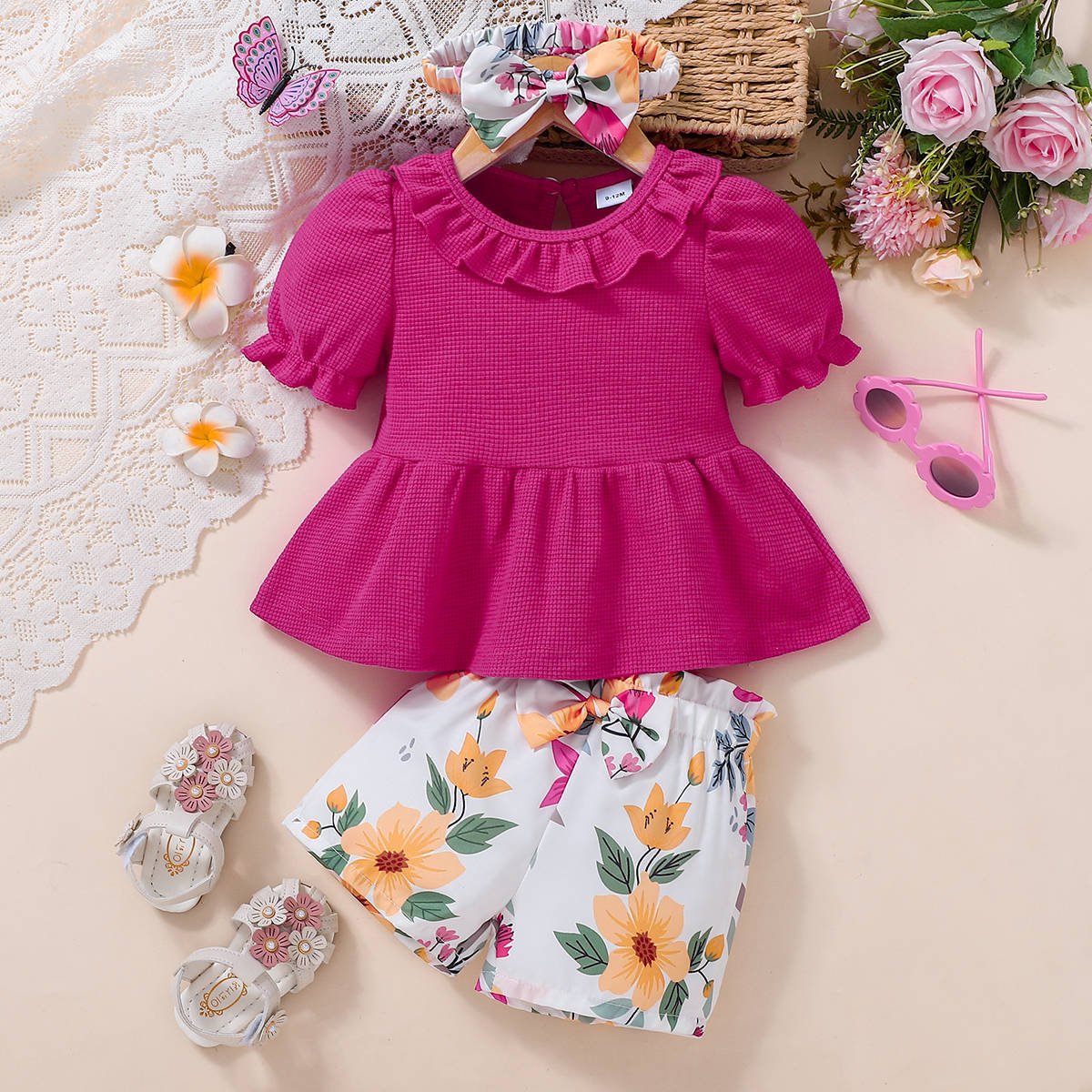 2 Pieces Set Baby Kid Girls Solid Color Print Tops And Flower Shorts Wholesale 25070834