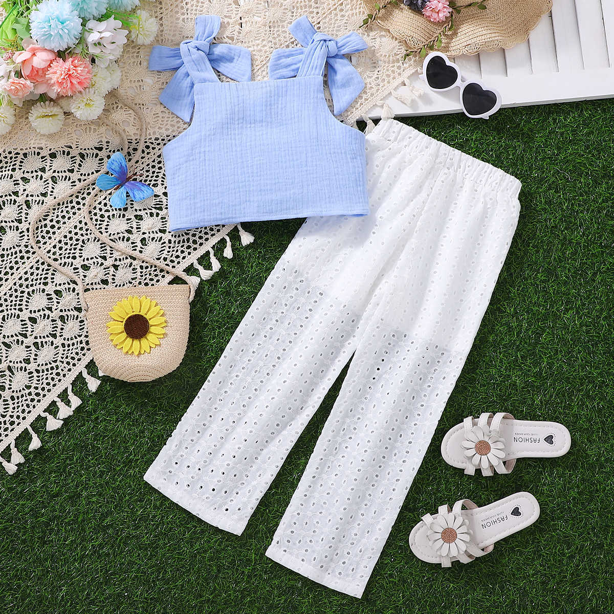 2 Pieces Set Kid Girls Solid Color Tank Tops And Pants Wholesale 25070869