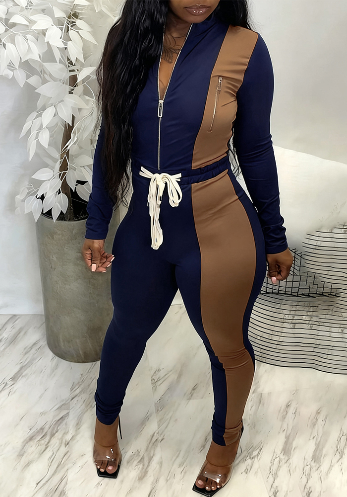 Autumn/Winter Women's Color-Blocked Zip-Up Top & Long Pants Two-Piece Set