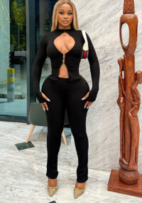 Autumn-Winter Women's Fashion Hollowed Out Buckle Zipper Top and Sexy Slim-Fit Pants Set