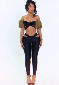 Autumn Winter Women's Style Sexy Fur Collar Patchwork Off Shoulder Crop Pants Set