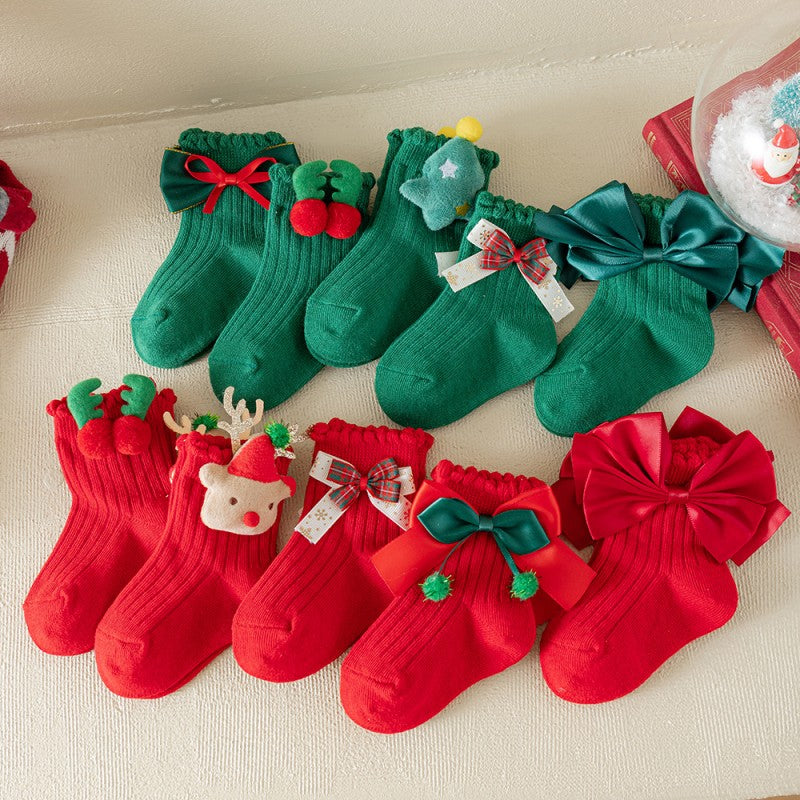 Baby Kid Girls Boys Solid Color Bow Christmas Accessories Socks Wholesale 25101509