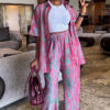 Plus Size African Women Turndown Collar Print Shirt and Wide-Leg Pants Two-Piece Set