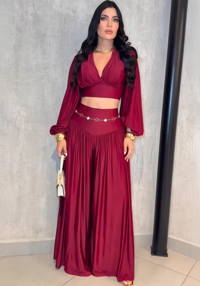 Summer Women's Pleated Cropped Top Wide Leg Pants Two-Piece Set