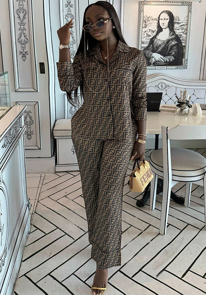 Women Autumn Casual Print Turndown Collar Top and Wide-Leg Pants Two-Piece Set