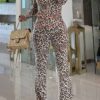 Women Autumn Holidays Casual Sexy Leopard Print Hooded Top and Bell Bottom Pant Two-Piece Set