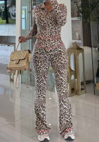 Women Autumn Holidays Casual Sexy Leopard Print Hooded Top and Bell Bottom Pant Two-Piece Set