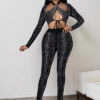 Women autumn rhinestone hollow-out sexy long-sleeved top and pant set