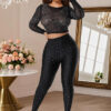 Women autumn rhinestone mesh sexy long-sleeved top and pant set
