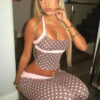 Women Autumn Sexy Polka Dot Print Slip Dress and Pants Two-Piece Set