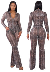 Women Autumn Snake Print Long-Sleeved Zipper Top and Pants Two-Piece Sets