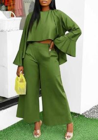 Women Autumn/Winter Irregular Bell Bottom Sleeve Top and Pants Casual Two-Piece Set